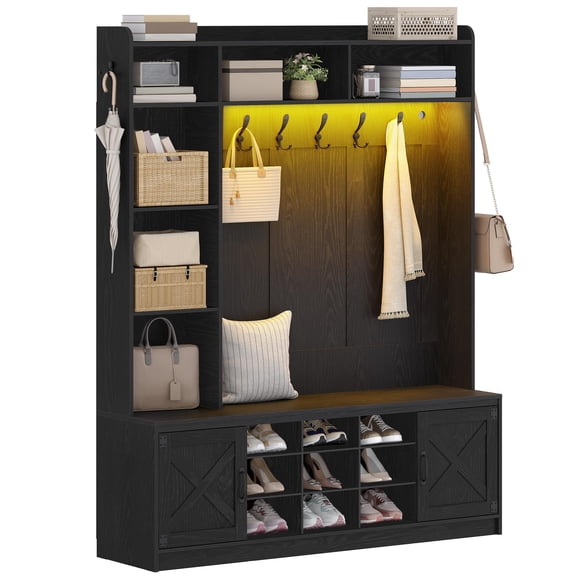 Black Farmhouse Hall Tree with Bench, 7 Hooks, LED Lighting & Shoe Storage