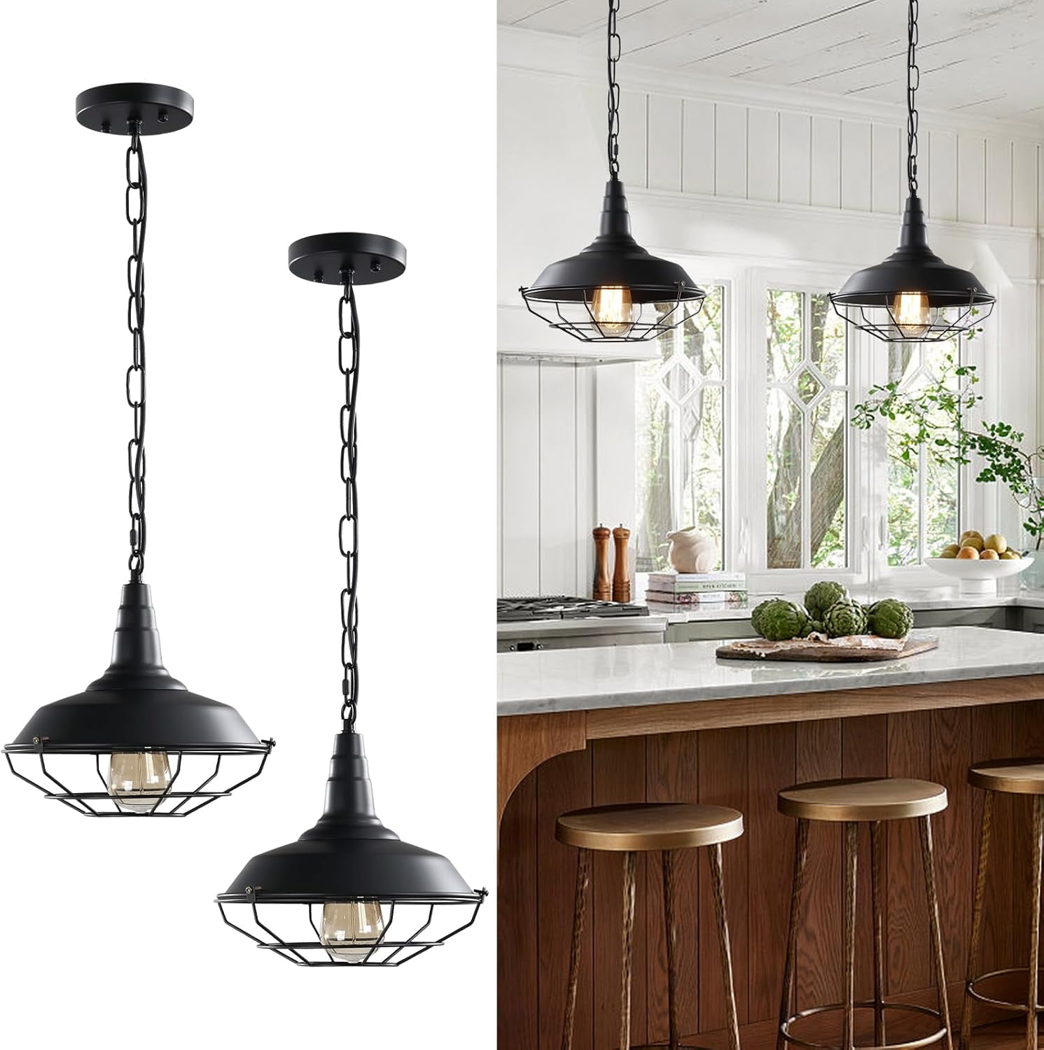 Matte Black Industrial Farmhouse Pendant Lights with Wire Cage, 18.1 Inch