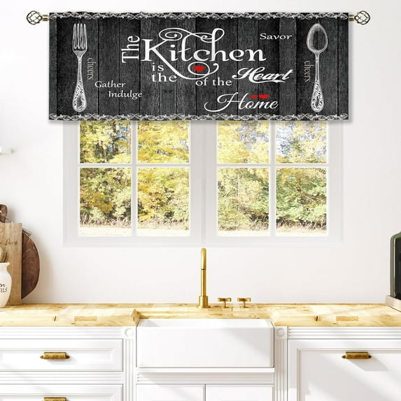 Black Farmhouse Rustic Curtain Valance for Window Treatments Vintage Fork Spoon Retro Kitchen Treatment Barn Country Wooden Wood Plank Drapes for Bathroom Living Room 1 Panel (52x18 Inch)