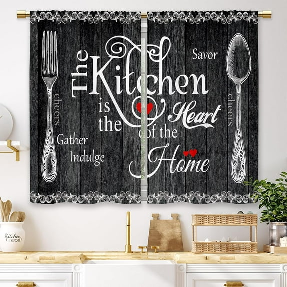 Black Farmhouse Rustic Kitchen Curtains Wooden Wood Small Short Cafe Window Curtains Vintage Fork Spoon Retro Barn Bathroom Living Room Bedroom Window Drapes Treatment 2 Panels (27.5x39 Inch)