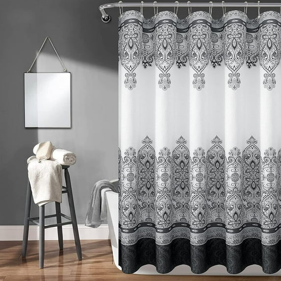 Black Farmhouse Shower Curtain Moroccan Boho Black and White Shower Curtains for Bathroom Old Fashioned Antique Retro Design Shower Curtain Black and Light Grey Bath Curtain Water Repellent 72x72 Inch