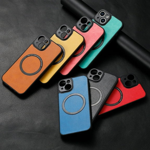 Black Fashion Magnetic Ring phone case Back Cover Wireless Charging Vegan PU Leather Phone Case For iPhone 15 Pro