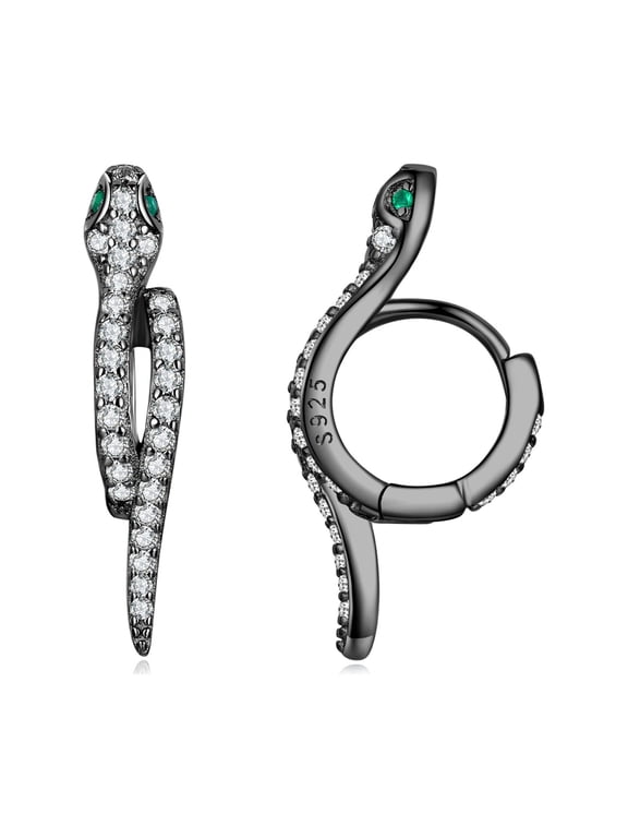Black Fashion Snake Huggie Hoop Earrings for Women Cartilage 925 Sterling Silver CZ Green Eyes Hoops Earring Wrap Cuffs