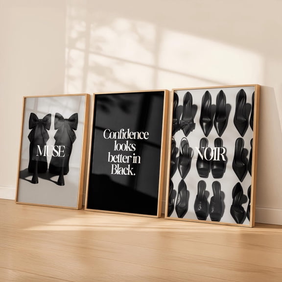 Black Fashion Wall Art Noir Muse Aesthetic High Fashion Typography Modern Dressing Room Decor Set 3 Stretched Canvas 16x24