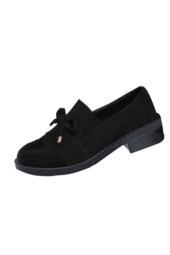 Black Fashionable Women Loafers Mid Heel Frosted Round Toe Bow Decor Side Zipper Thick Sole Vintage Style Comfortable Shoes