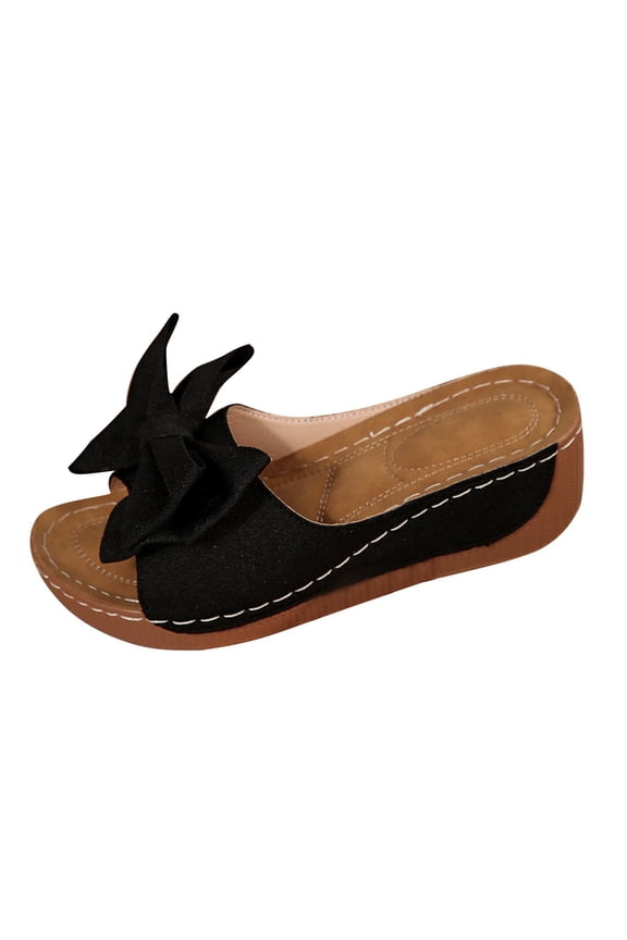 Black Fashionable Womens Casual Summer Bow Fish Mouth Thick Sole Wedge Sandals Flip Flops Round Toe Slip On Comfortable Outdoor Shoes