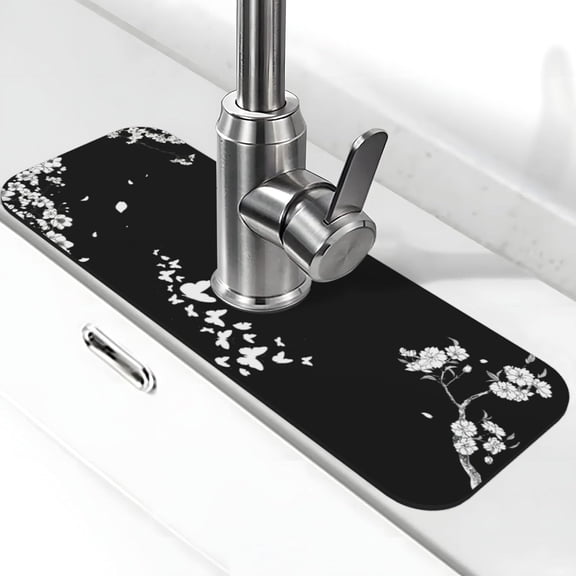 Black Faucet Mat for Kitchen Sink Butterflies Mat Flowers Drying Mat Super Absorbent Sink Faucet Mat for Kitchen Bathroom Sink Cafe Bar Faucet Decor Gifts (black flowers butterflys, 15" x 5.5")
