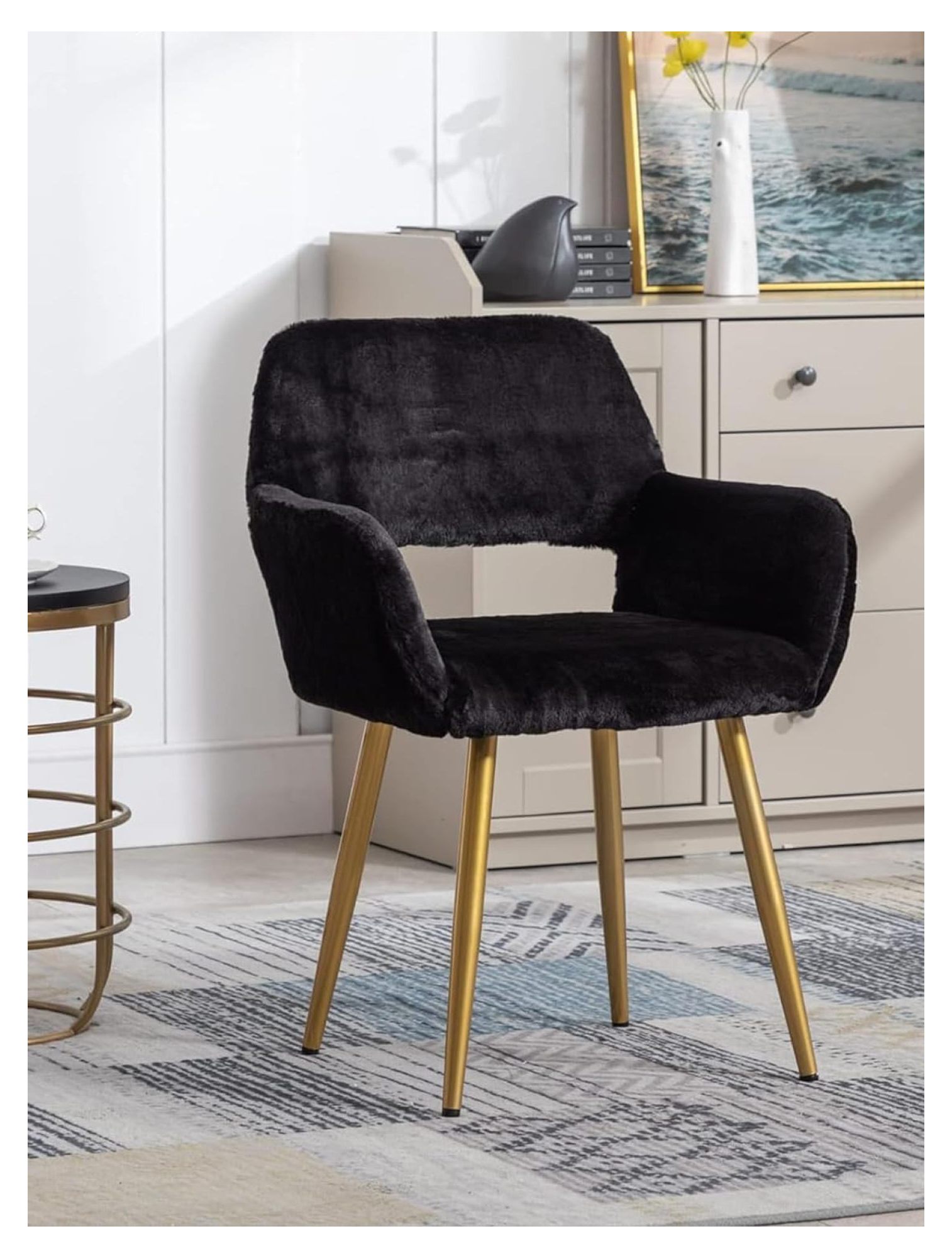 Black Faux Fur Desk Chair with Golden Metal Legs,Furry Makeup Vanity