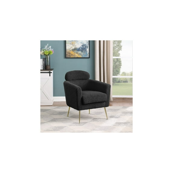 Black Faux Fur Fabric Accent Leisure Chair with Pillow Rest and Gold Chrome Legs
