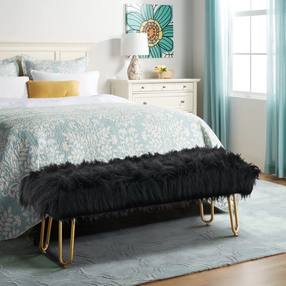 Black Faux Fur Ottoman Upholstered Furry Entryway Bedroom with Gold Metal Legs, Modern Contemporary Long Ottoman Hair Foot Rest Stool for Entryway, Living Room, Bedroom