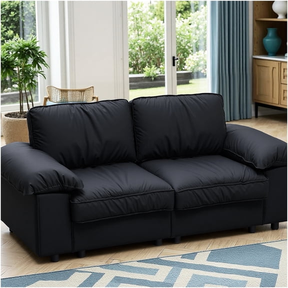 Black Faux Leather 2-Seater Loveseat with Hidden Storage, Space Saving Sofa Bed for Small Apartments, Modern Compact Couch with Pillow Armrests