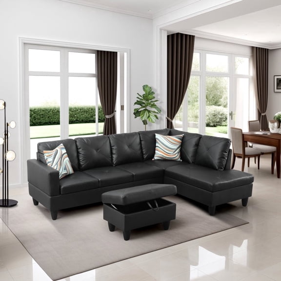 3-Piece Black Faux Leather Sofa Set - Living Room Comfortable Couch Furniture