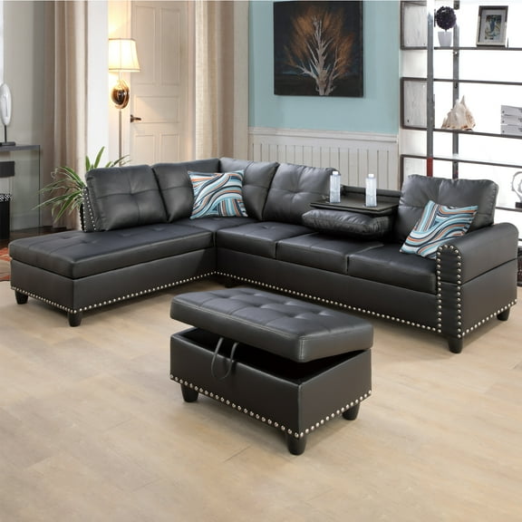 Black Faux Leather 3-Piece Modular Sofa Set with Storage Ottoman & Reversible Cup Holder  Solid Wood Frame, Double Springs, Living Room/Bedroom Furniture