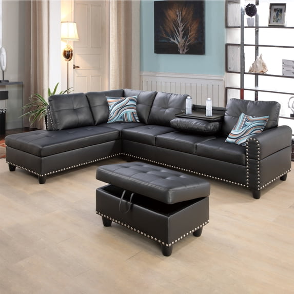 Black Faux Leather 3-Piece Modular Sofa Set with Storage Ottoman & Reversible Cup Holder – Solid Wood Frame, Double Springs, Living Room/Bedroom Furniture