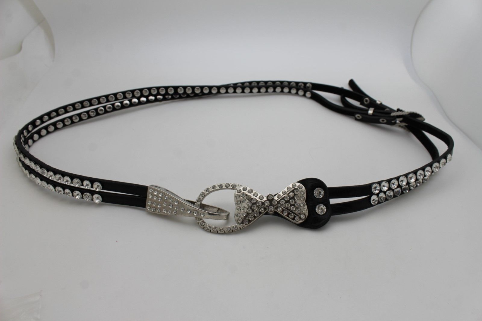 Black Faux Leather Belt Women Multi Silver Metal Beads Bow 