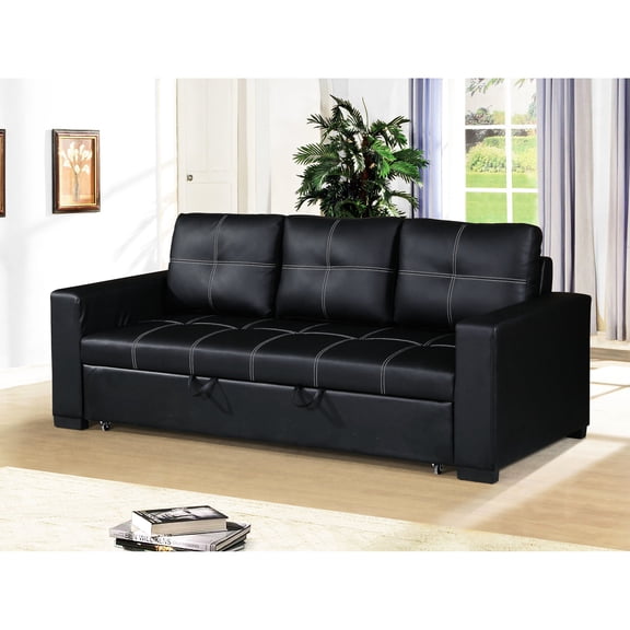 Black Faux Leather Convertible Couch for Entertainment / Good for Hosting and Overnight Comfort