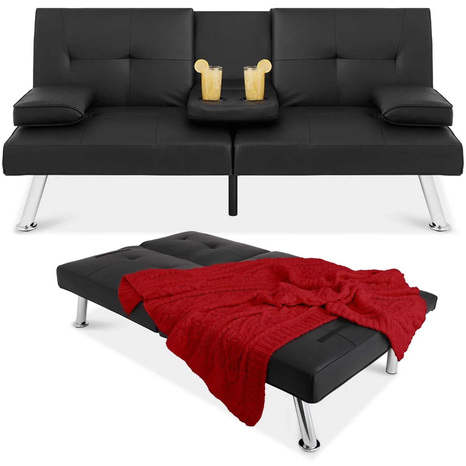 Karla 2pc Futon Sofa and Chair Set, Chrome Legs, Black Faux Leather main image 1