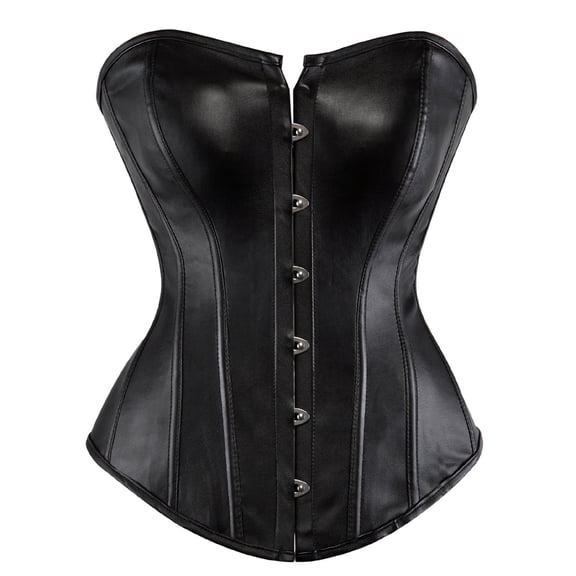 Black Faux Leather Corset Top Bustier Overbust Women Rock Goth Boned Plus Size 2XL