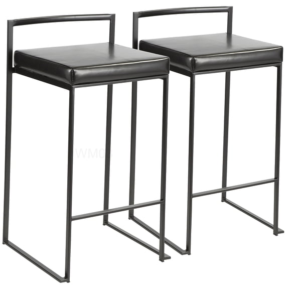 Black Faux Leather Counter Stools Set of 2, Stackable Kitchen Island Stools with Padded Seat and Welded Frame