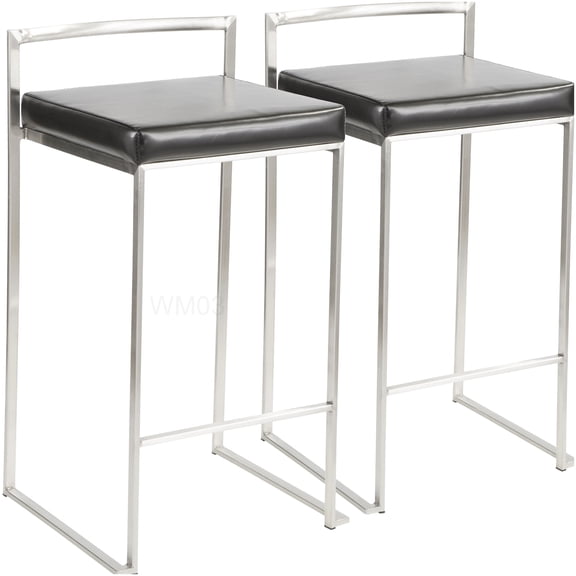 Black Faux Leather Counter Stools Set of 2, Stackable Padded Bar Stools for Kitchen Island