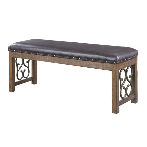 Black Faux Leather Dining Bench with Nailhead Trim and Weathered Cherry Finish for Kitchen Seating
