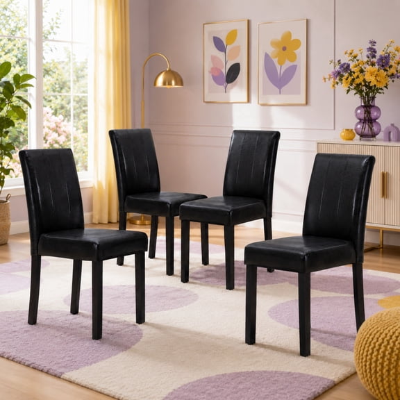 Black Faux Leather Dining Chairs Set of 4, Upholstered High Back Chairs for Dining Room