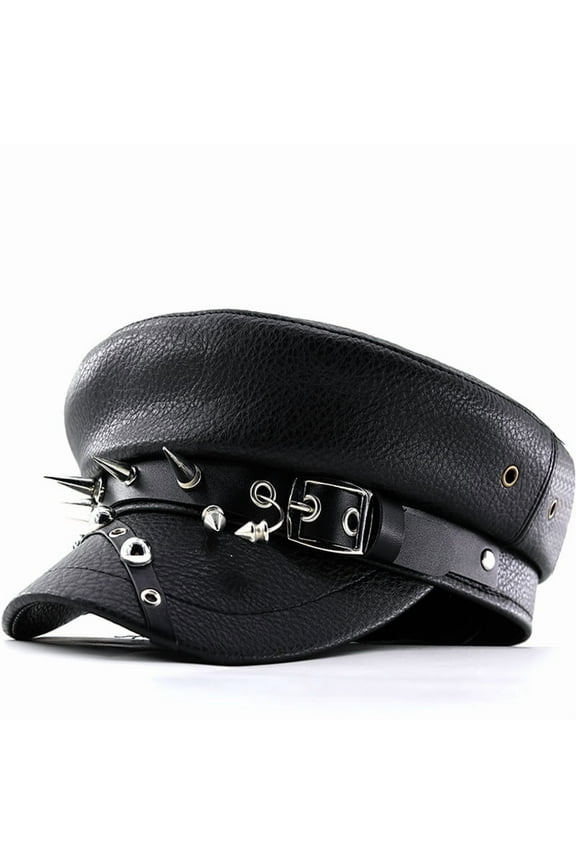 Black Faux Leather Flat Top Cap for Women Studded Punk Army Hat Fashion Beret