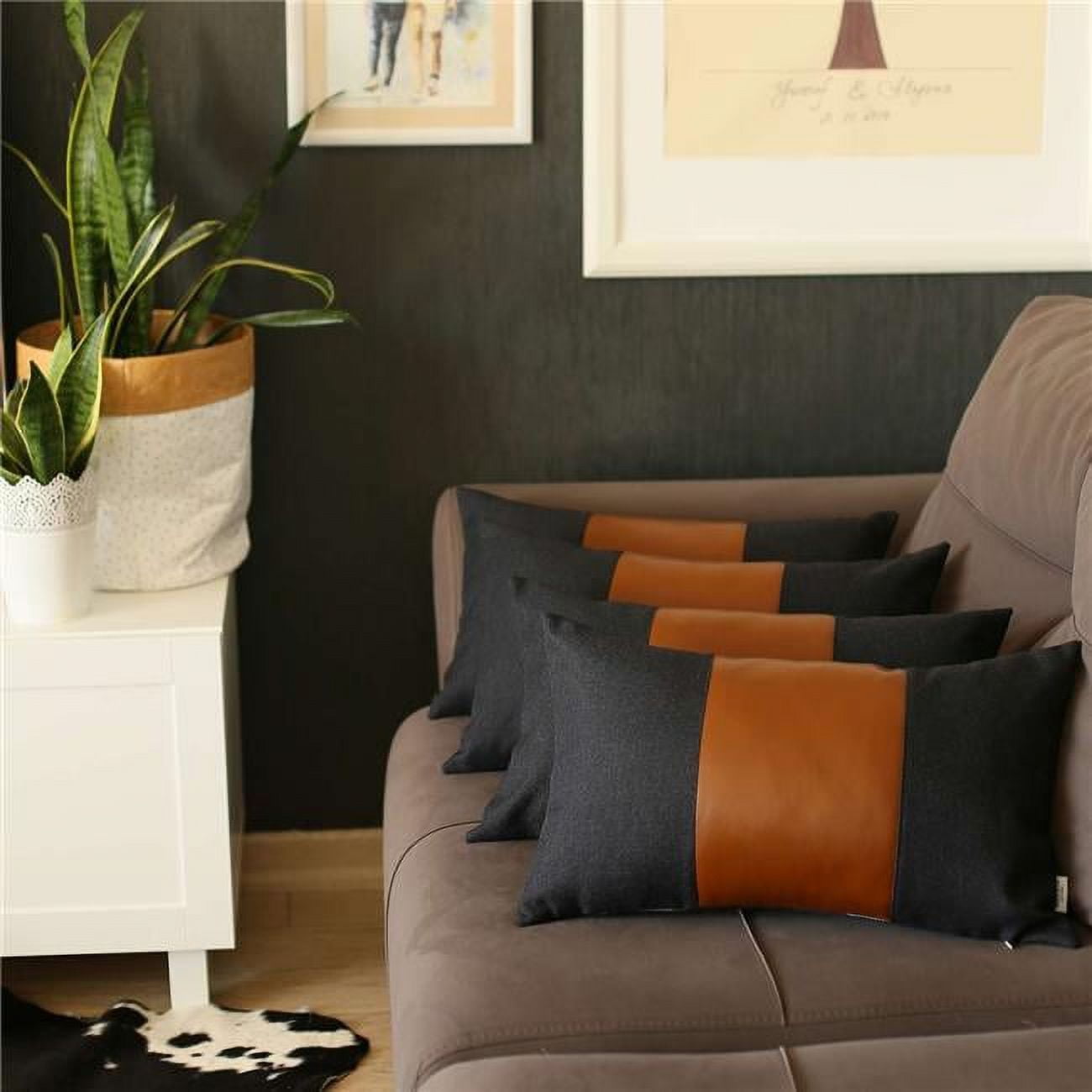 Black Faux Leather Lumbar Pillow Covers Set of 4