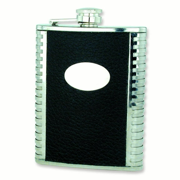Black Faux Leather Polished Stainless Steel 8oz Hip Flask GP2761