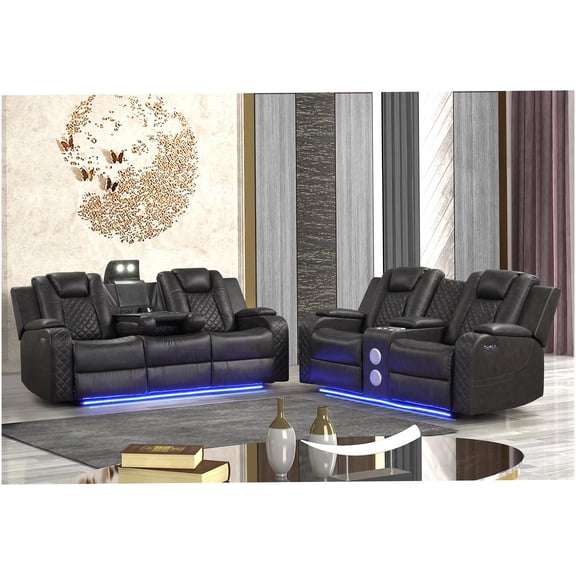 Black Faux Leather Power Recliner Set with LED Lights, USB Charging, and Bluetooth Speakers for Modern Living Room
