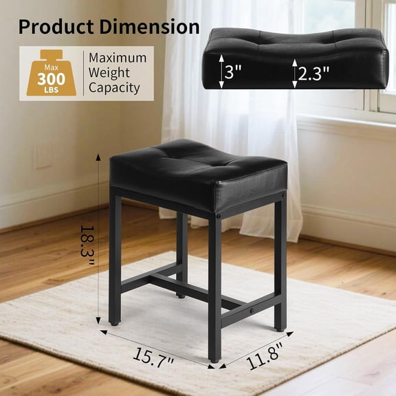 Black Faux Leather Saddle Seat Vanity Ottoman, Metal Legs | On Sale | Small Square Foot Rest for Vanity Desk Living Bedroom