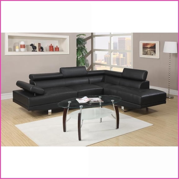 Black Faux Leather Sectional Sofa with Adjustable Headrest  Right Chaise Left Sofa for Living Room | Black | Faux Leather | Square Arms