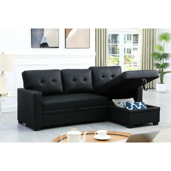 Black Faux Leather Sectional With Chaise And Pull Out Design 3 In Upholstery