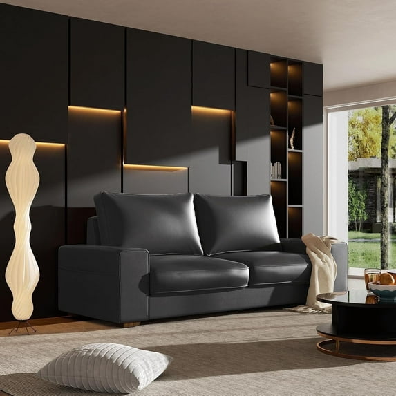 Black Faux Leather Sofa Couch 88.58” Modern Breathable 3-Seater Sofas & Couches, for Living Room Apartment Office Small Space