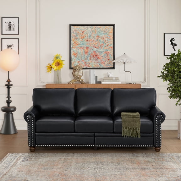 Black Faux Leather Sofa with Nail Decoration / Comfort Support and Quick Assembly in 40 Minutes
