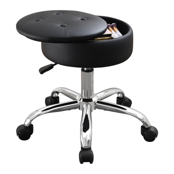Black Faux Leather Swivel Vanity Stool With Storage Compartment And Chrome Base