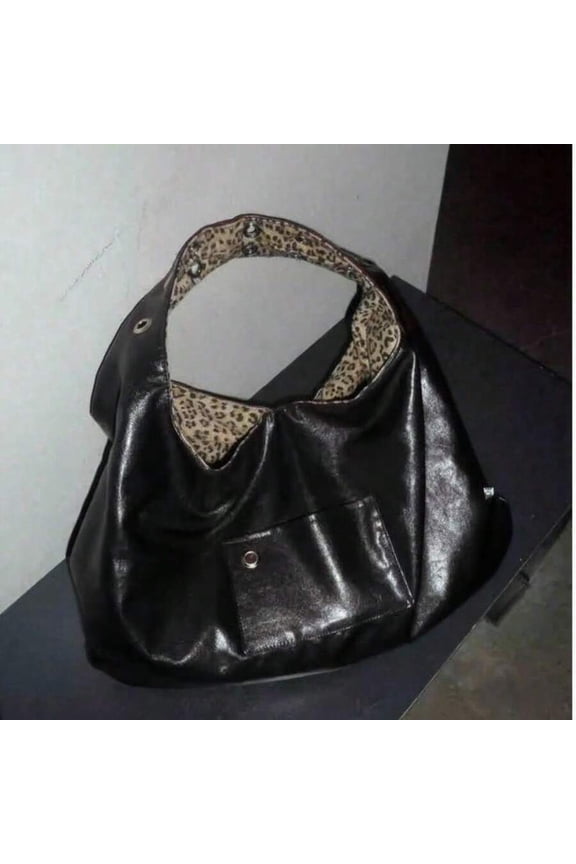 Black Faux Leather Tote Bag With Leopard Print Lining, Oversized Shoulder