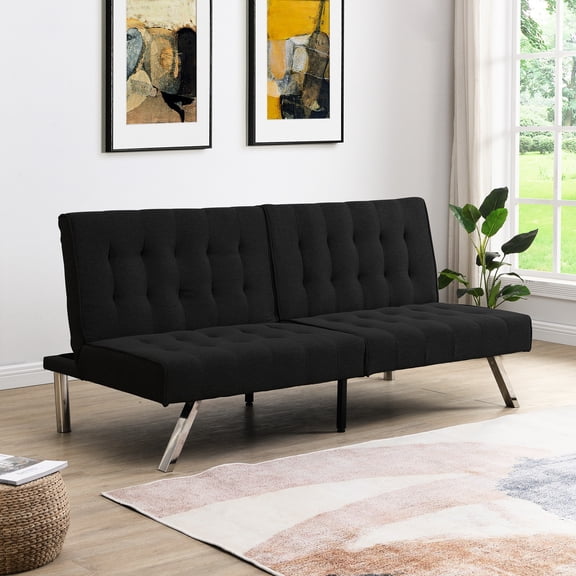 Black Faux Linen Bed With Wood Frame And Convenient Handle Multifunctional In Breathable