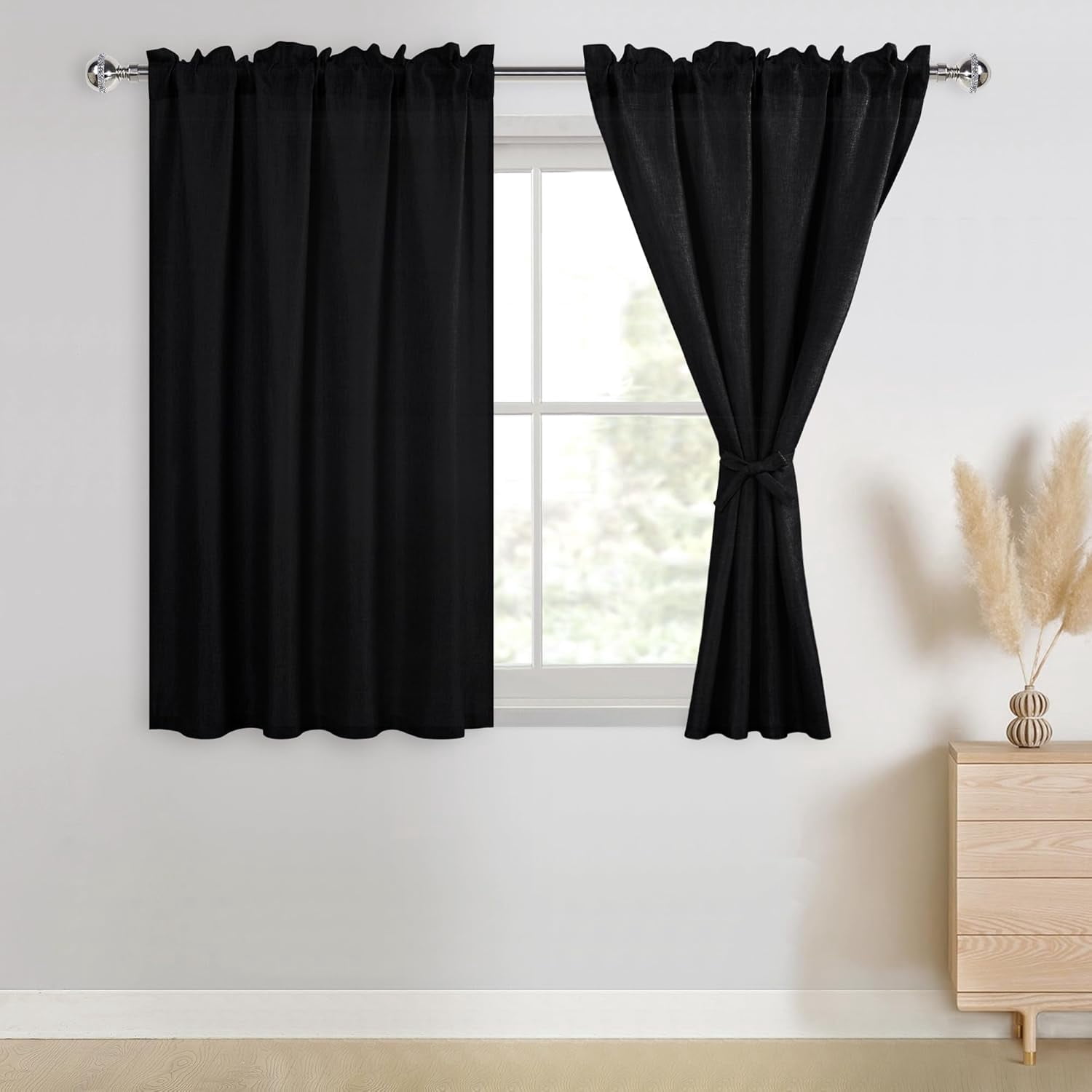 Black Faux Linen Curtains, Rod Pocket Thick Linen Semi Sheer Curtains