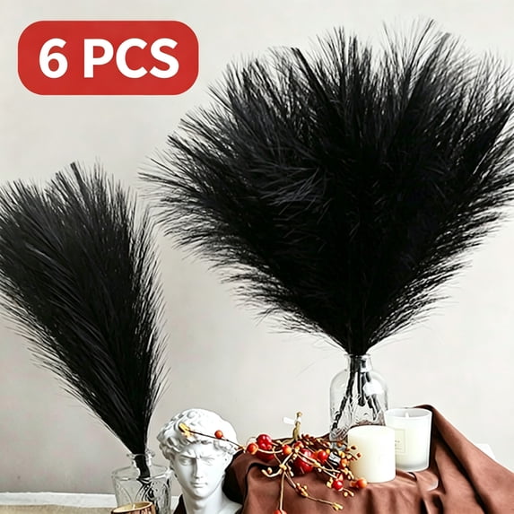 Black Faux Pampas Grass,6 PCS Artificial Velvet Pampas Grass, Fake Feather Reed Sticks for Gothic Home Decor, Wedding, Birthday Party, Festival and Contemporary Interior Christmas Decorations
