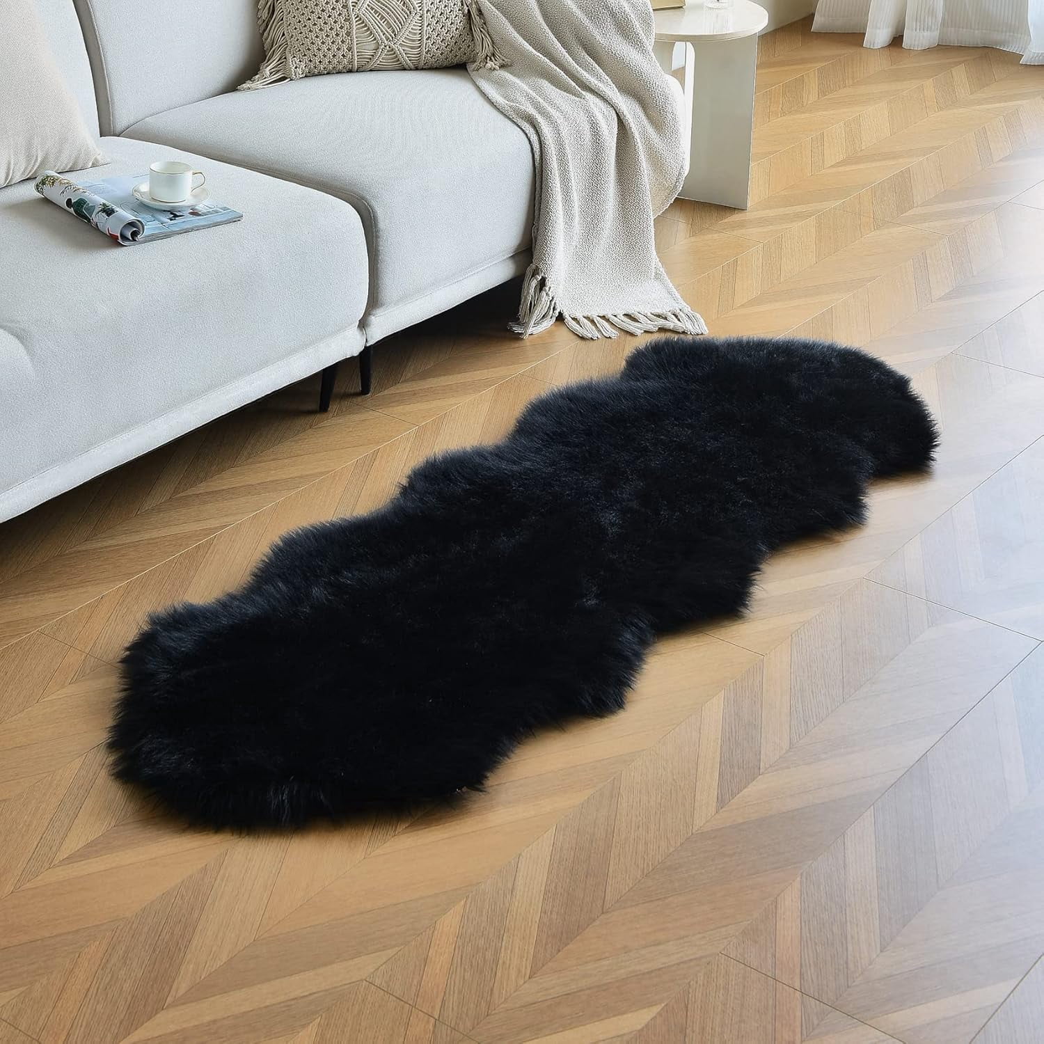 Dresser Rug Black Faux Sheepskin Runner Rugs 2x6 ft, Fluffy Shag Fur Dresser Runner ...