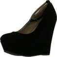 thumbnail image 1 of Black Faux Suede Round Toe Ankle Strap Cover Platform Wedge Shoes, 1 of 4