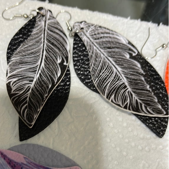 Black Feather Faux Leather Earrings