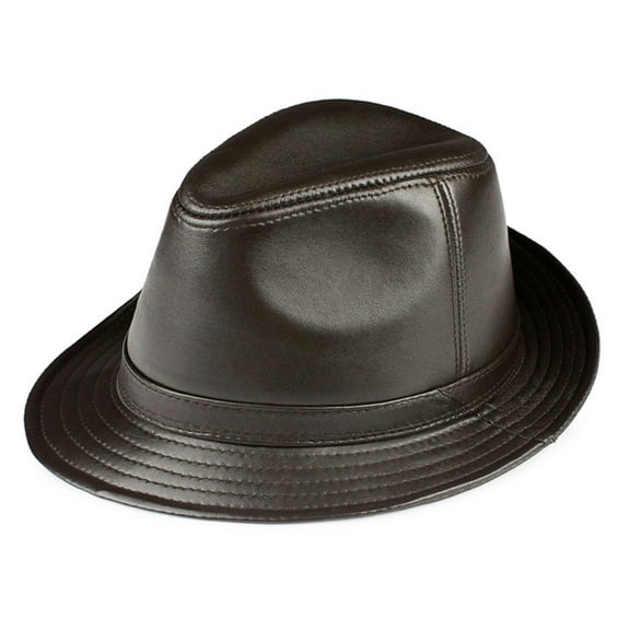Black Fedora Hat Men Genuine Leather Jazz Cap Autumn Winter British Casual Wide Brim Hat ,Classic Design