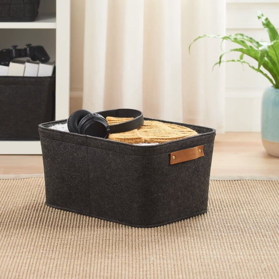 Black Felt-covered Storage Basket, Household Storage Box, with Faux Leather Handles, Easy To Clean, Suitable for Use in Game Rooms, Offices, Libraries, Laundry Rooms