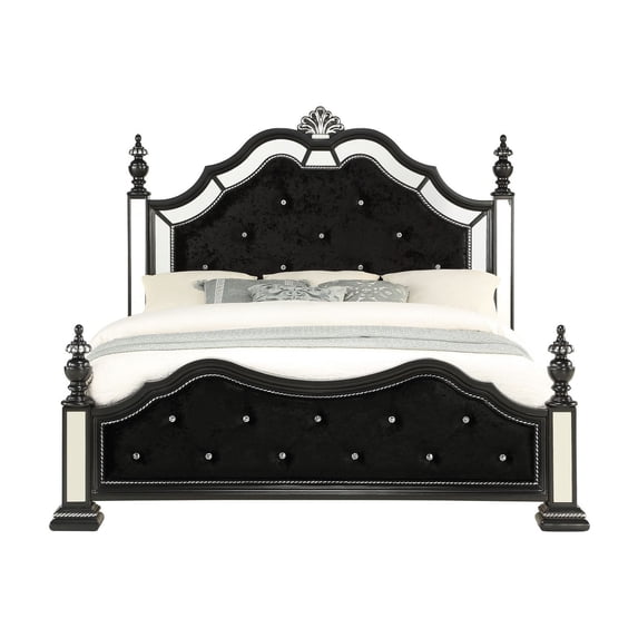 Black Felt finish Queen Bed with crystal mirrored embellished