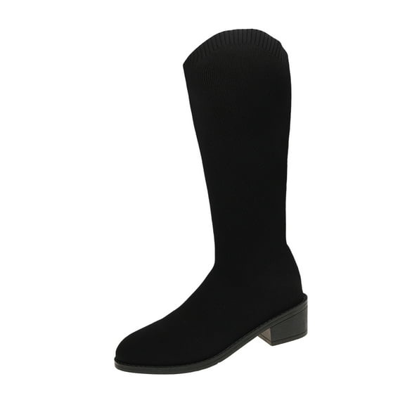 Black Female All Match Large Size Mid Calf Sock Boots With Chunky Heel And Knitted Material For Fall Winter Style