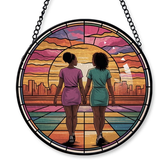 Black Female Best Friends Stained Glass Suncatcher Window Hanging – Custom Text Christmas Window Hanging for Family & Friends, Man or Woman, Christmas 2025 Tree Decoration