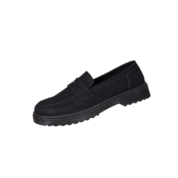 Black Female British Style Loafers With Frosted Look And Round Toe For Fall Winter Thick Heel And Soft Interior