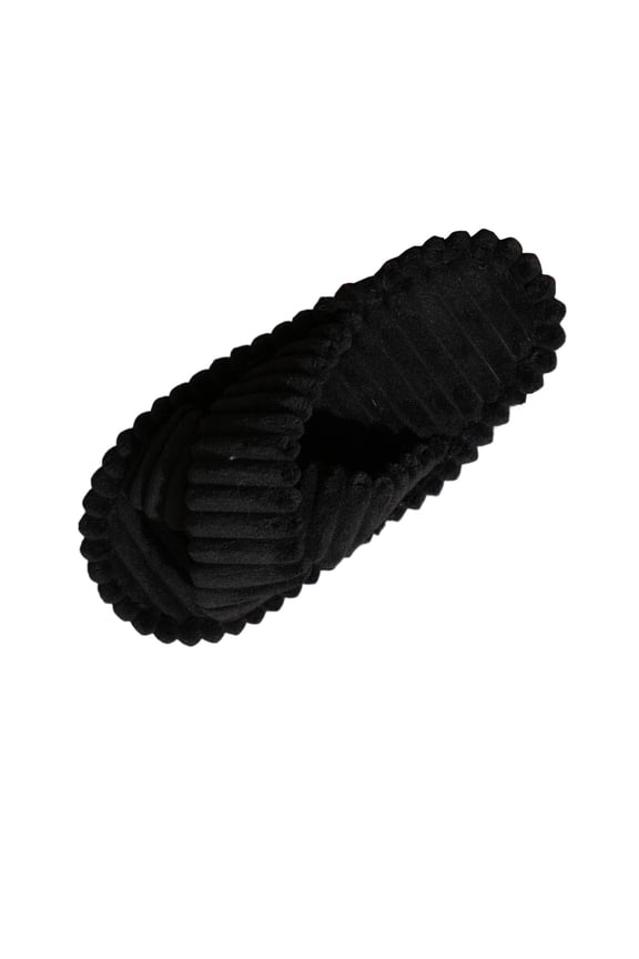 Black Female Casual Slippers With Strap Design Flat Sole For Home Use Warm Material